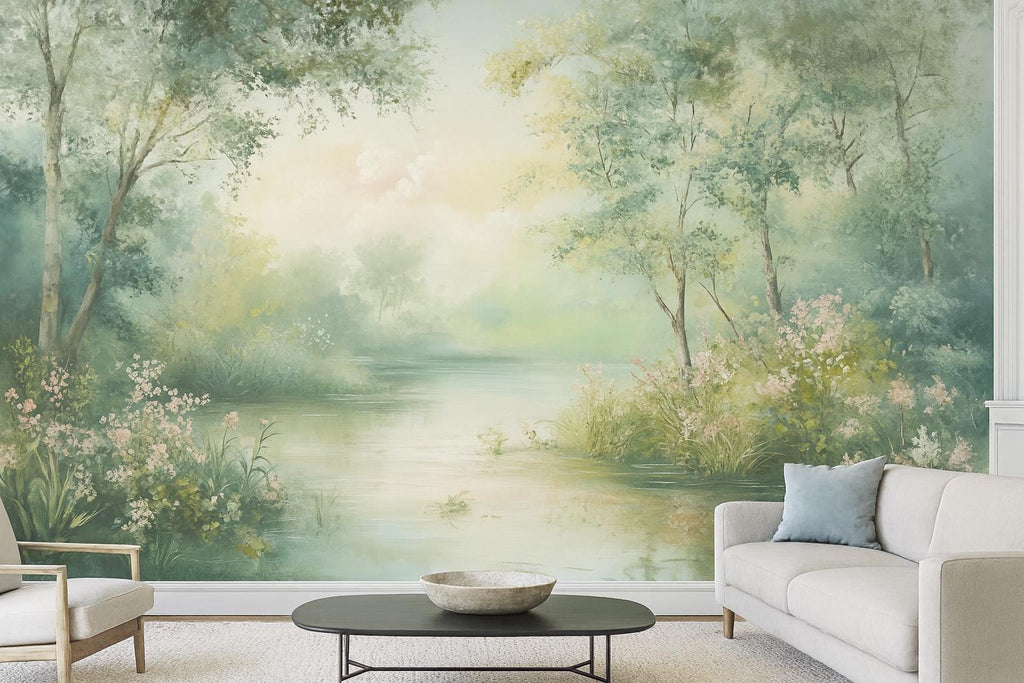 Misty River Forest Wallpaper – Dreamy Floral Landscape Wall Mural Stylish Nature 3D Wallpaper for Modern Bold Room Décor Holiday Gift Wall