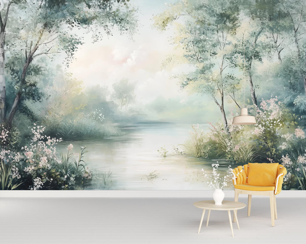 Misty River Forest Wallpaper – Dreamy Floral Landscape Wall Mural Stylish Nature 3D Wallpaper for Modern Bold Room Décor Holiday Gift Wall