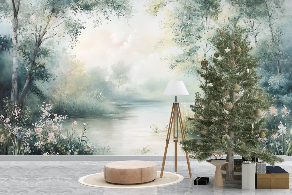 Misty River Forest Wallpaper – Dreamy Floral Landscape Wall Mural Stylish Nature 3D Wallpaper for Modern Bold Room Décor Holiday Gift Wall