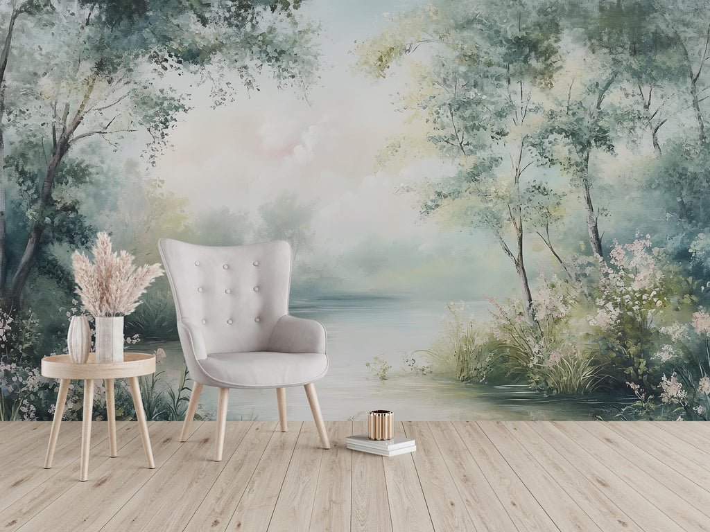 Misty River Forest Wallpaper – Dreamy Floral Landscape Wall Mural Stylish Nature 3D Wallpaper for Modern Bold Room Décor Holiday Gift Wall