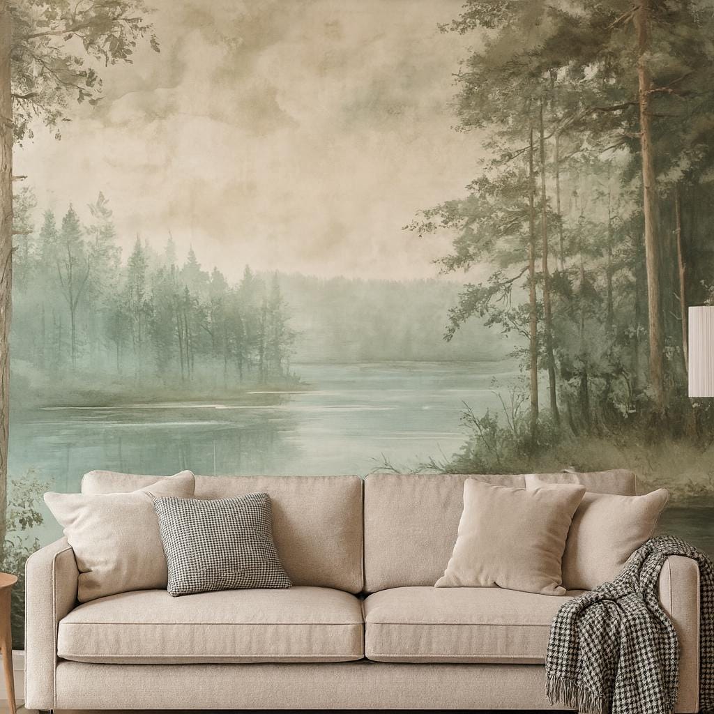 Misty Pine Forest Wallpaper – Serene Lake View Wall Mural for Nursery Bedroom Living Room Stylish Nature 3D Wallpaper Modern Bold Décor Gift