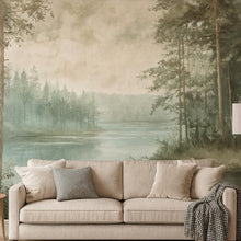 Load image into Gallery viewer, Misty Pine Forest Wallpaper – Serene Lake View Wall Mural for Nursery Bedroom Living Room Stylish Nature 3D Wallpaper Modern Bold Décor Gift