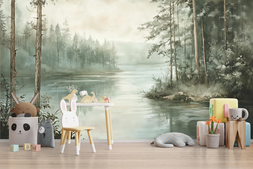 Misty Pine Forest Wallpaper – Serene Lake View Wall Mural for Nursery Bedroom Living Room Stylish Nature 3D Wallpaper Modern Bold Décor Gift