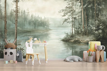 Load image into Gallery viewer, Misty Pine Forest Wallpaper – Serene Lake View Wall Mural for Nursery Bedroom Living Room Stylish Nature 3D Wallpaper Modern Bold Décor Gift