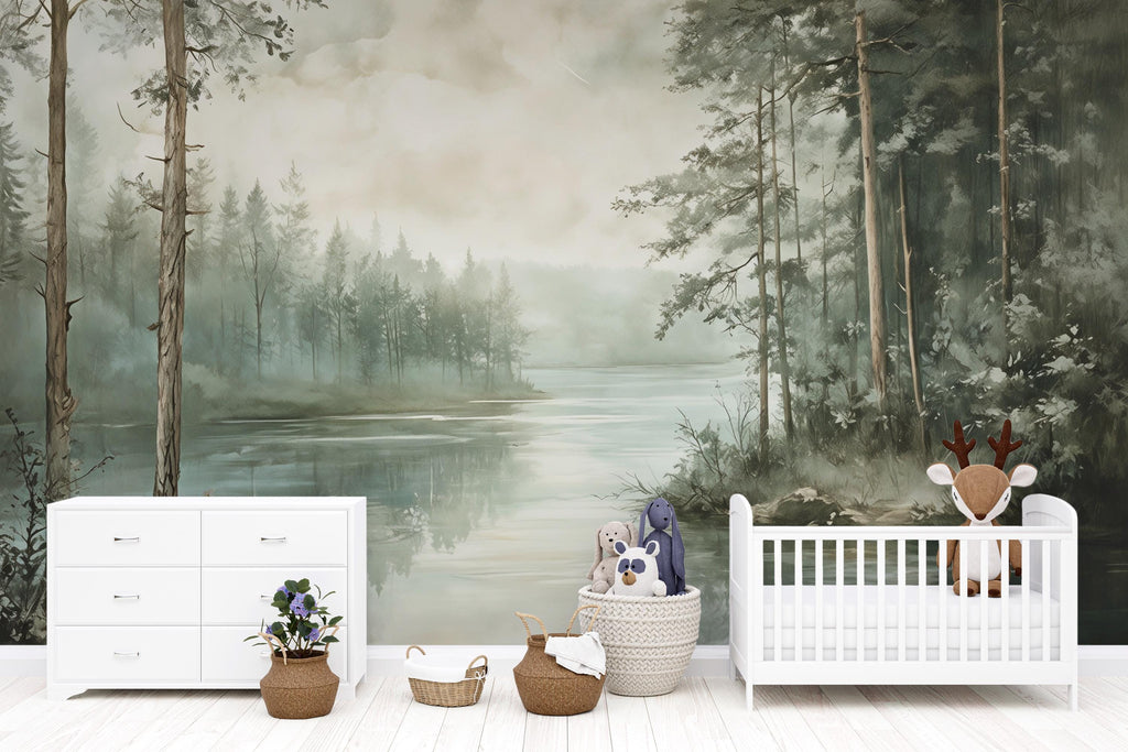 Misty Pine Forest Wallpaper – Serene Lake View Wall Mural for Nursery Bedroom Living Room Stylish Nature 3D Wallpaper Modern Bold Décor Gift