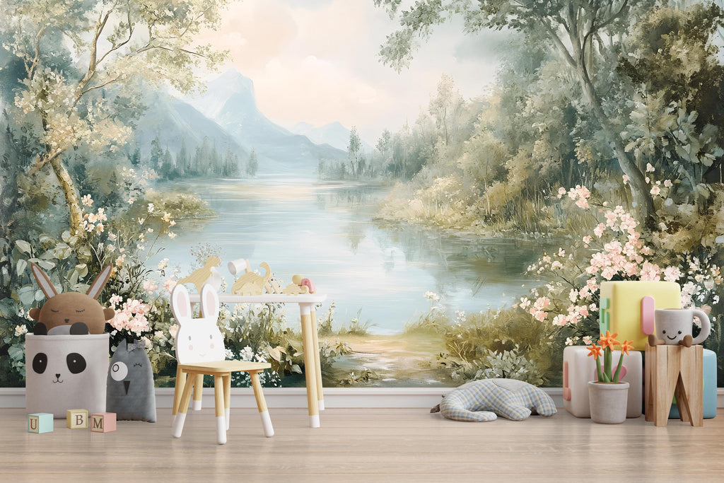 Mountain Lake Wallpaper Mural – Serene Landscape Wall Art for Nursery Bedroom Living Room Stylish 3D Nature Wallpaper Bold Modern Wall Decor