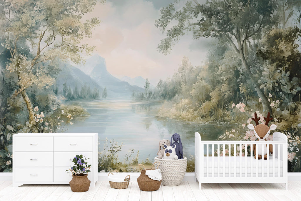 Mountain Lake Wallpaper Mural – Serene Landscape Wall Art for Nursery Bedroom Living Room Stylish 3D Nature Wallpaper Bold Modern Wall Decor