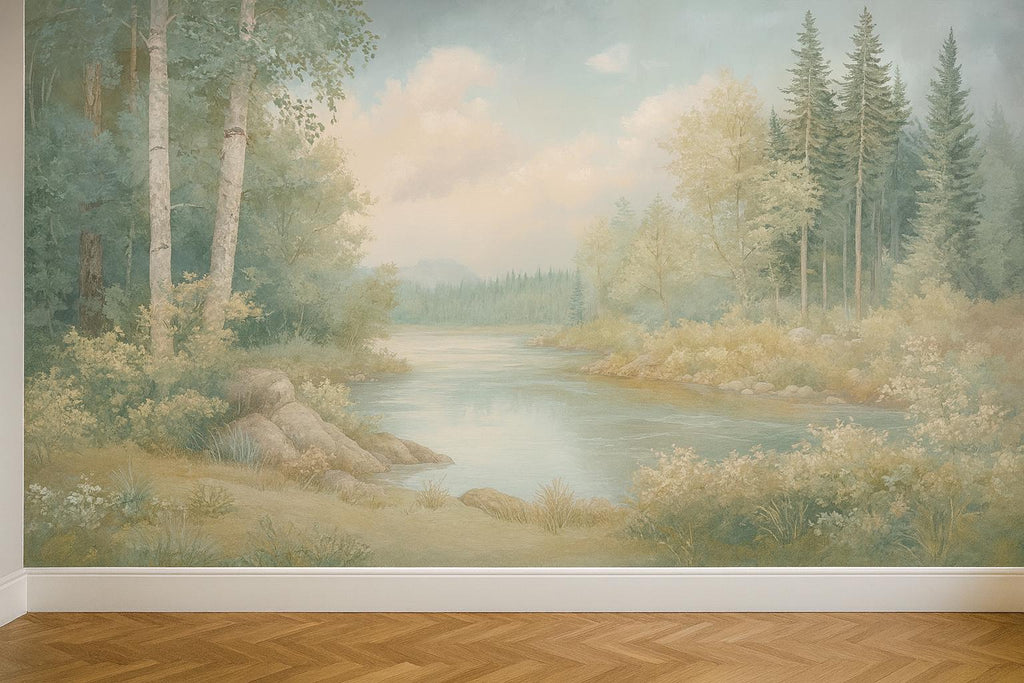 River Forest Wallpaper Mural – Peaceful Landscape Wall Art for Bedroom Nursery Living Room Stylish 3D Nature Wallpaper Bold Modern Wall