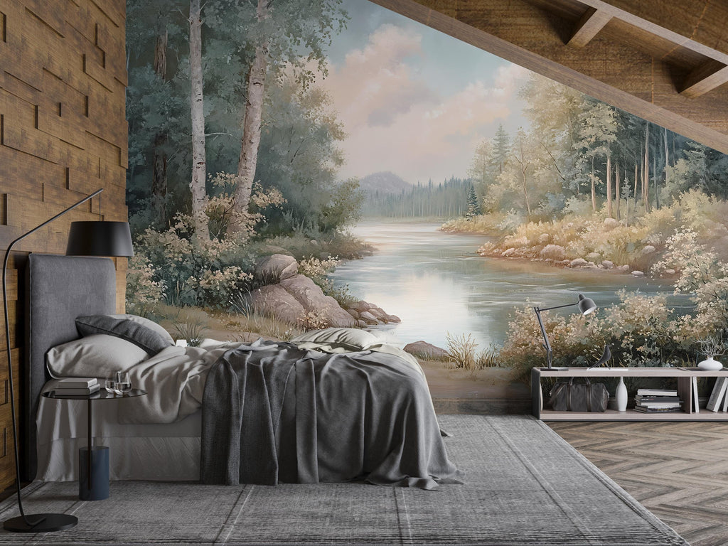 River Forest Wallpaper Mural – Peaceful Landscape Wall Art for Bedroom Nursery Living Room Stylish 3D Nature Wallpaper Bold Modern Wall