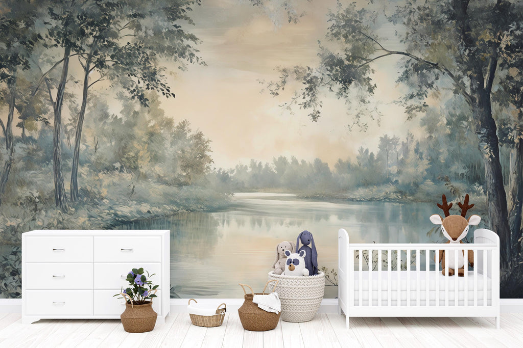 Forest River Nursery Wallpaper – Calm Landscape Wall Mural for Baby Room Bedroom Living Room Stylish 3D Nature Wallpaper Modern Bold Wall