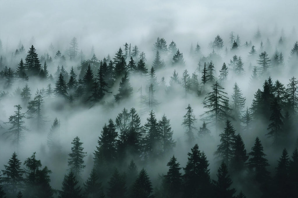 Foggy Pine Forest Wallpaper Mural – Dark Green Woodland Wall Decor for Bedroom, Living Room or Kids Room – Modern Bold Accent Removable