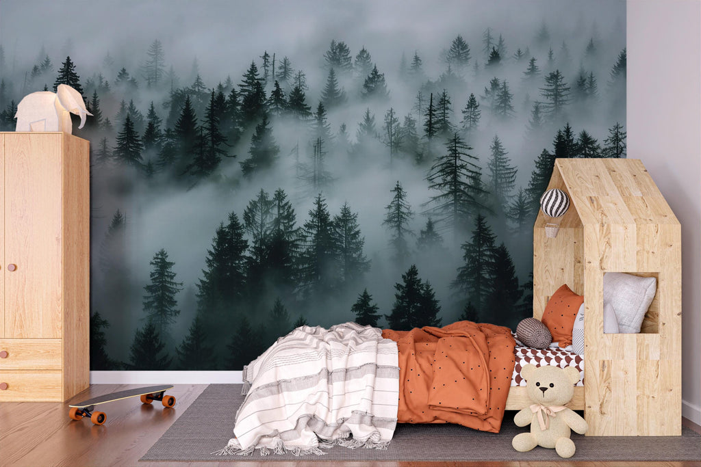 Foggy Pine Forest Wallpaper Mural – Dark Green Woodland Wall Decor for Bedroom, Living Room or Kids Room – Modern Bold Accent Removable