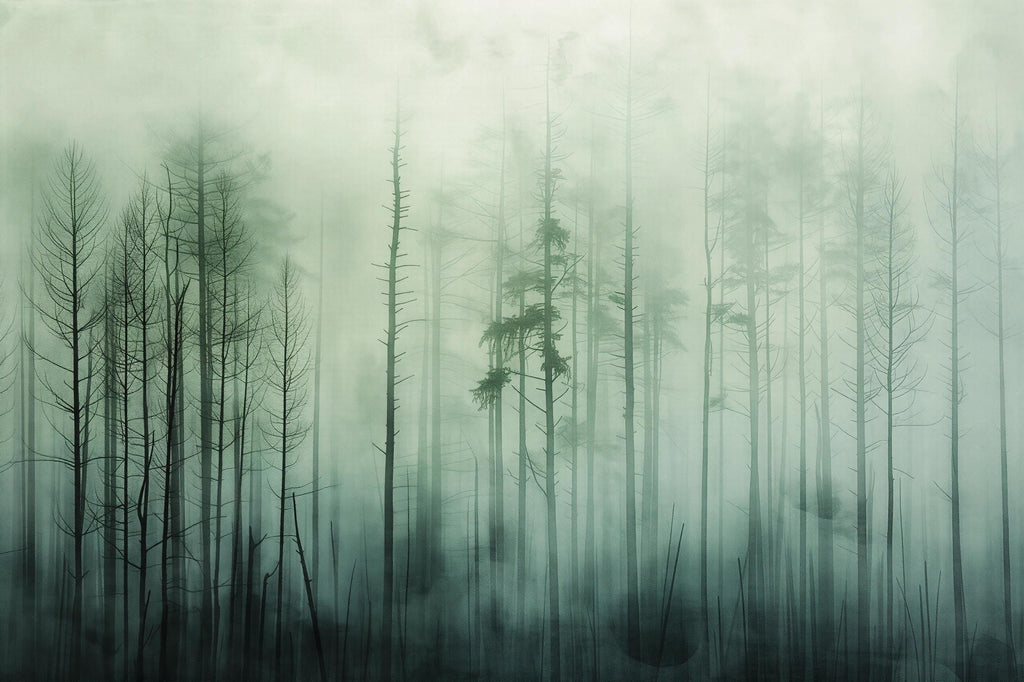 Misty Forest Wallpaper Mural – Dark Green Woodland Wall Decor for Bedroom, Living Room or Office – Modern Bold Accent Wall Removable