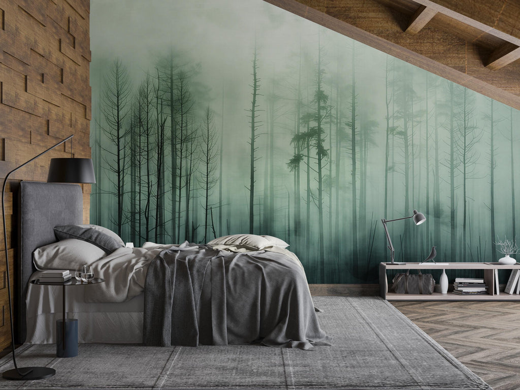 Misty Forest Wallpaper Mural – Dark Green Woodland Wall Decor for Bedroom, Living Room or Office – Modern Bold Accent Wall Removable