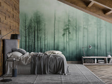 Load image into Gallery viewer, Misty Forest Wallpaper Mural – Dark Green Woodland Wall Decor for Bedroom, Living Room or Office – Modern Bold Accent Wall Removable