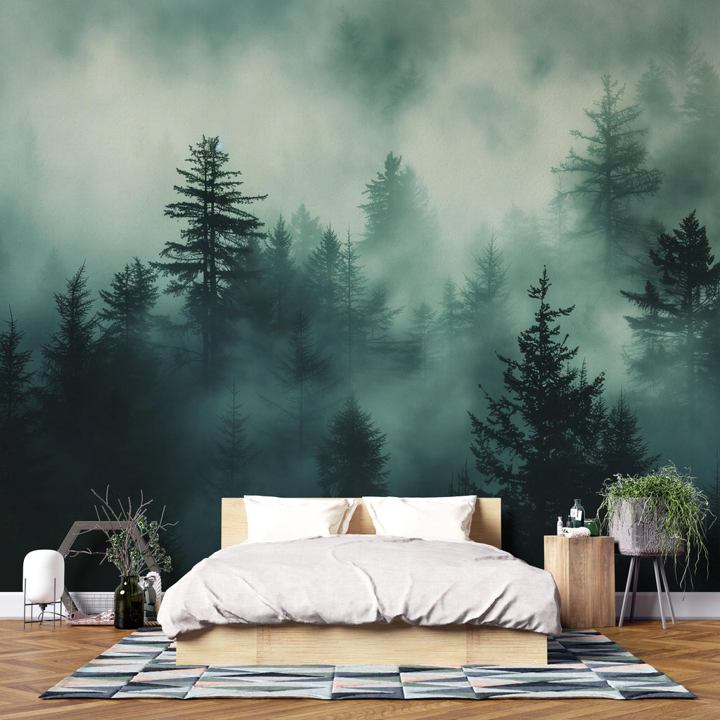 Dark Misty Pine Forest Wallpaper Mural – Moody Woodland Wall Decor for Bedroom, Living Room or Office – Modern Bold Accent Removable