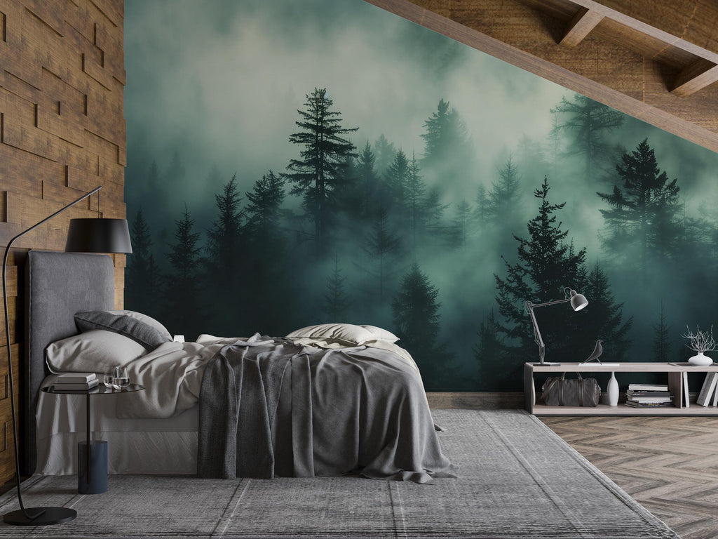 Dark Misty Pine Forest Wallpaper Mural – Moody Woodland Wall Decor for Bedroom, Living Room or Office – Modern Bold Accent Removable