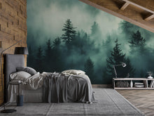 Load image into Gallery viewer, Dark Misty Pine Forest Wallpaper Mural – Moody Woodland Wall Decor for Bedroom, Living Room or Office – Modern Bold Accent Removable