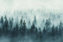 Load image into Gallery viewer, Light Misty Pine Forest Wallpaper Mural – Foggy Woodland Wall Decor for Bedroom, Living Room or Kids Room – Modern Bold Accent Removable