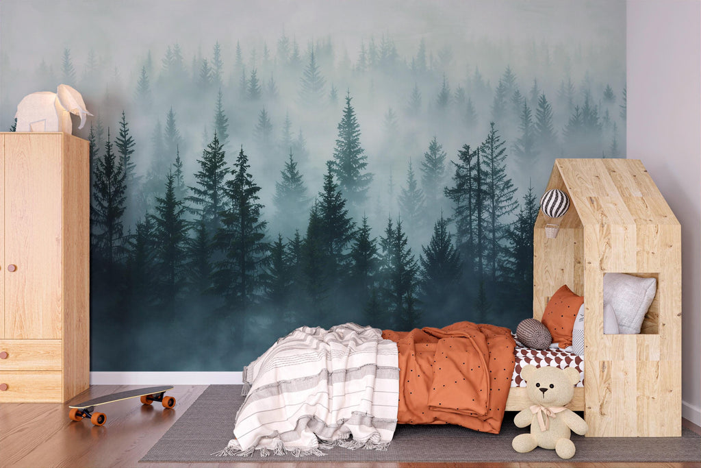 Light Misty Pine Forest Wallpaper Mural – Foggy Woodland Wall Decor for Bedroom, Living Room or Kids Room – Modern Bold Accent Removable