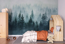 Load image into Gallery viewer, Light Misty Pine Forest Wallpaper Mural – Foggy Woodland Wall Decor for Bedroom, Living Room or Kids Room – Modern Bold Accent Removable