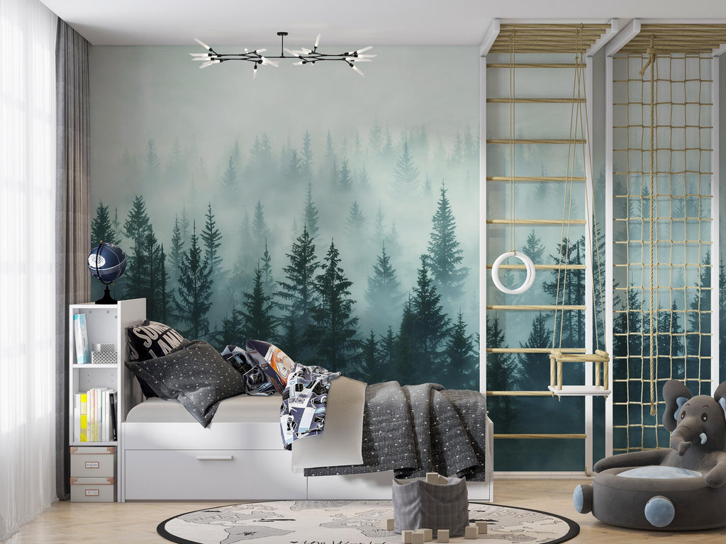 Light Misty Pine Forest Wallpaper Mural – Foggy Woodland Wall Decor for Bedroom, Living Room or Kids Room – Modern Bold Accent Removable