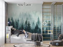 Load image into Gallery viewer, Light Misty Pine Forest Wallpaper Mural – Foggy Woodland Wall Decor for Bedroom, Living Room or Kids Room – Modern Bold Accent Removable