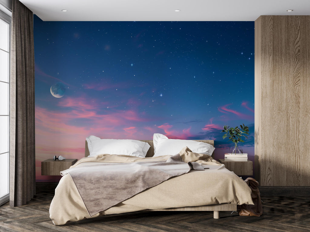 Galaxy Sunset Sky Wallpaper Mural – Moon and Stars Wall Decor for Bedroom or Living Room – Modern Celestial Peel and Stick Stylish Wall Art