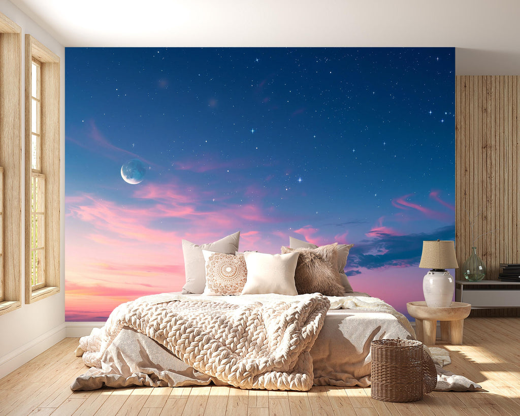 Galaxy Sunset Sky Wallpaper Mural – Moon and Stars Wall Decor for Bedroom or Living Room – Modern Celestial Peel and Stick Stylish Wall Art