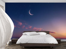 Load image into Gallery viewer, Crescent Moon Twilight Sky Wallpaper – Starry Night Wall Mural for Bedroom or Living Room – Modern Celestial Peel and Stick Stylish Wall