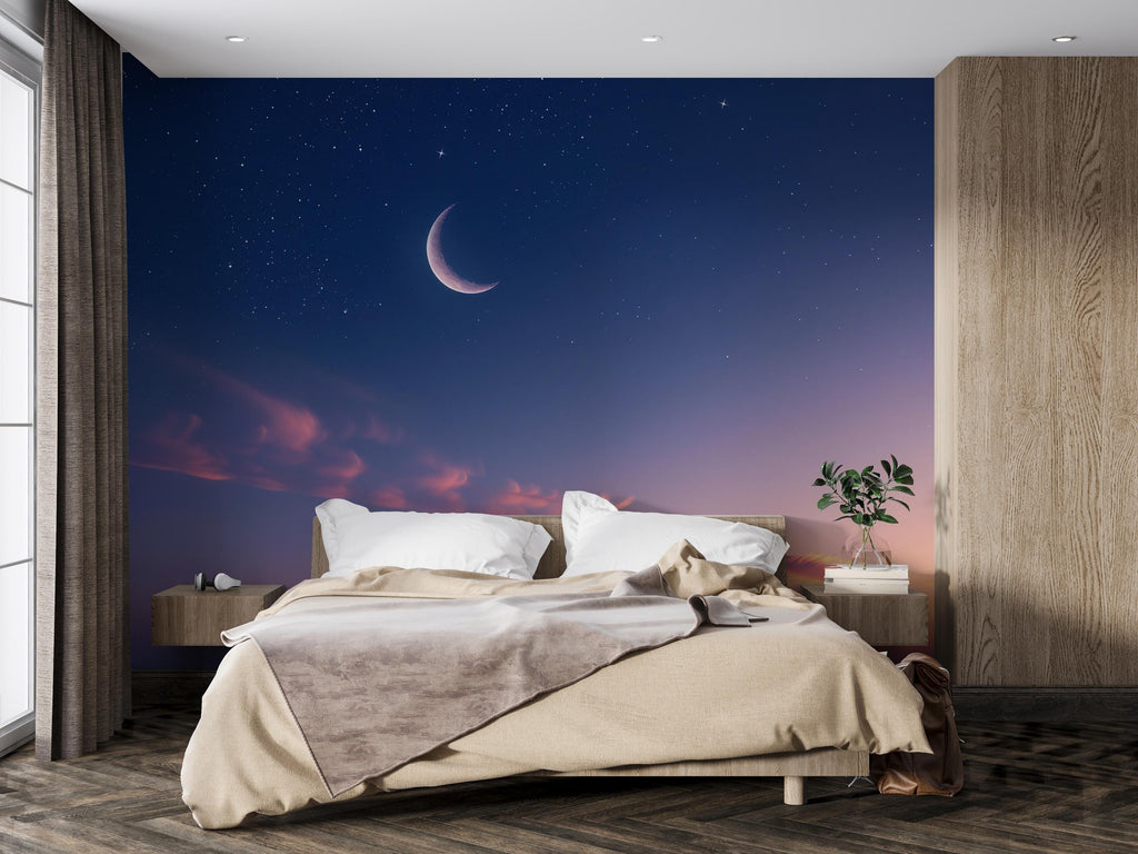 Crescent Moon Twilight Sky Wallpaper – Starry Night Wall Mural for Bedroom or Living Room – Modern Celestial Peel and Stick Stylish Wall