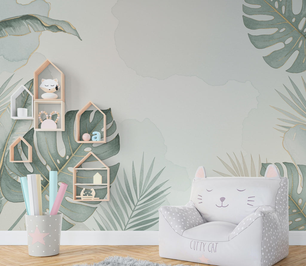Tropical Leaf Wallpaper Watercolor Wall Mural – Tropical wall decor leaf wall decal, wall art Kids Room or Nursery 891RS