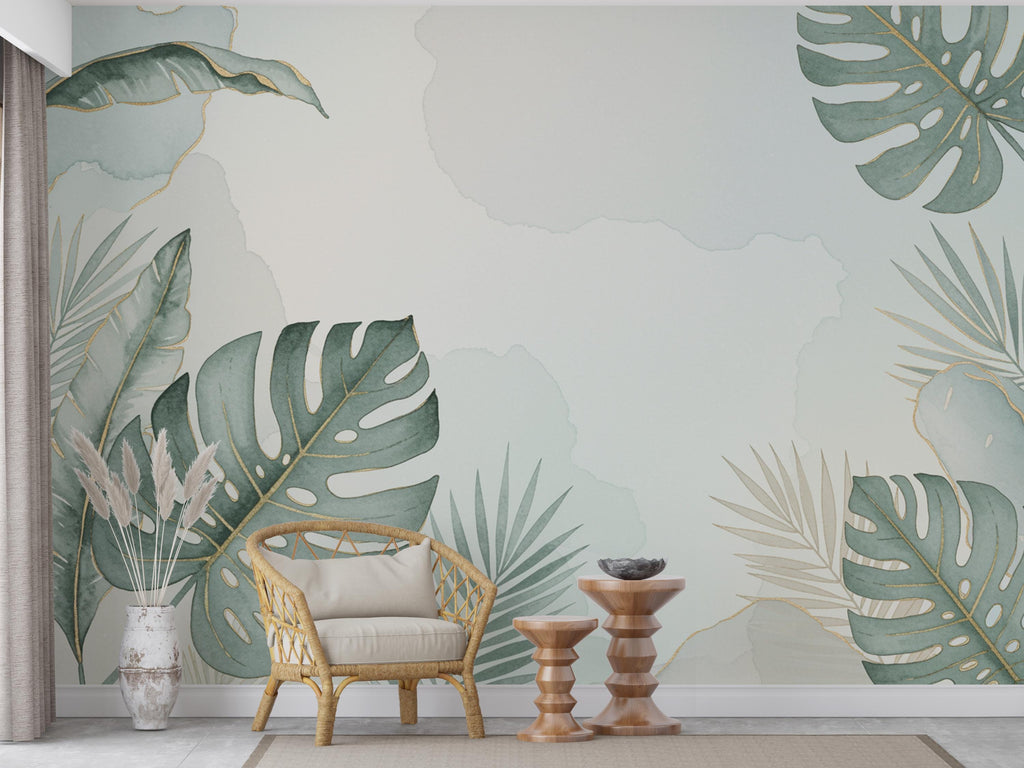 Tropical Leaf Wallpaper Watercolor Wall Mural – Tropical wall decor leaf wall decal, wall art Kids Room or Nursery 891RS