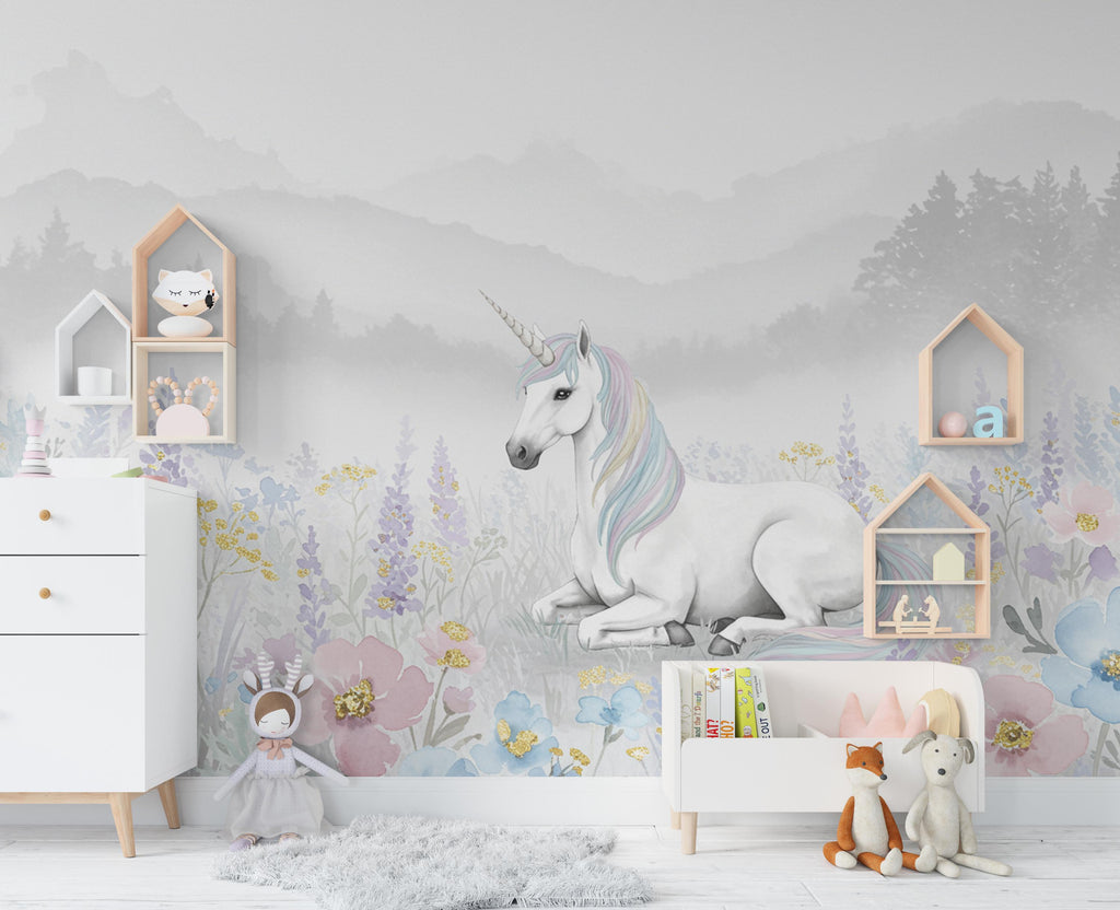 Unicorn Princess Flower Watercolor Wall Graphics Peel and Stick Girl room Wallpaper Nursery Self Adhesive Rainbow nursery decor Mural 897RS