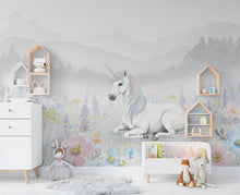 Load image into Gallery viewer, Unicorn Princess Flower Watercolor Wall Graphics Peel and Stick Girl room Wallpaper Nursery Self Adhesive Rainbow nursery decor Mural 897RS