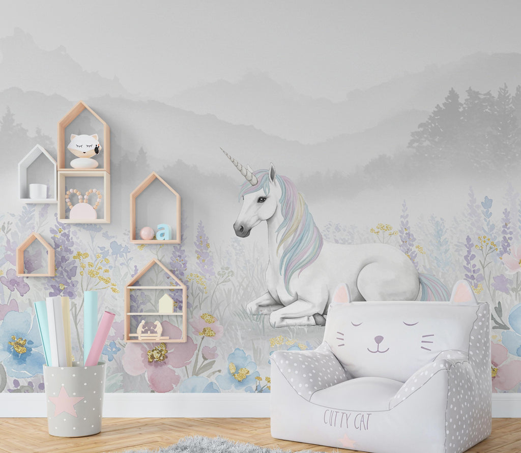 Unicorn Princess Flower Watercolor Wall Graphics Peel and Stick Girl room Wallpaper Nursery Self Adhesive Rainbow nursery decor Mural 897RS