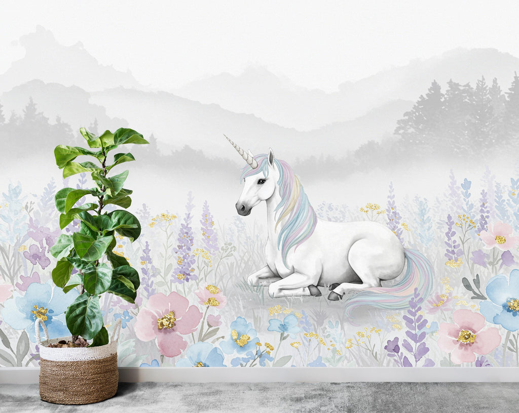 Unicorn Princess Flower Watercolor Wall Graphics Peel and Stick Girl room Wallpaper Nursery Self Adhesive Rainbow nursery decor Mural 897RS