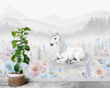 Load image into Gallery viewer, Unicorn Princess Flower Watercolor Wall Graphics Peel and Stick Girl room Wallpaper Nursery Self Adhesive Rainbow nursery decor Mural 897RS