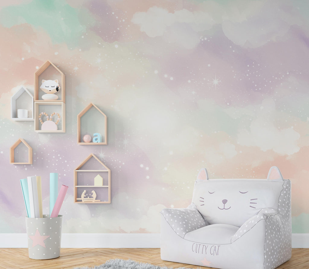 Rainbow Watercolor Cloud Wallpaper Stars Peel and Stick Girl room Wallpaper Nursery Self Adhesive Rainbow nursery decor Mural 898RS
