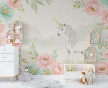 Load image into Gallery viewer, Unicorn Flower Watercolor Wall Graphics Peel and Stick Girl room Wallpaper Nursery Self Adhesive Rainbow nursery decor Mural 899RS