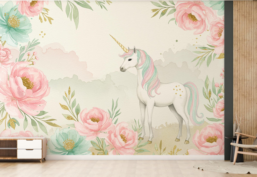 Unicorn Flower Watercolor Wall Graphics Peel and Stick Girl room Wallpaper Nursery Self Adhesive Rainbow nursery decor Mural 899RS