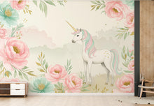 Load image into Gallery viewer, Unicorn Flower Watercolor Wall Graphics Peel and Stick Girl room Wallpaper Nursery Self Adhesive Rainbow nursery decor Mural 899RS