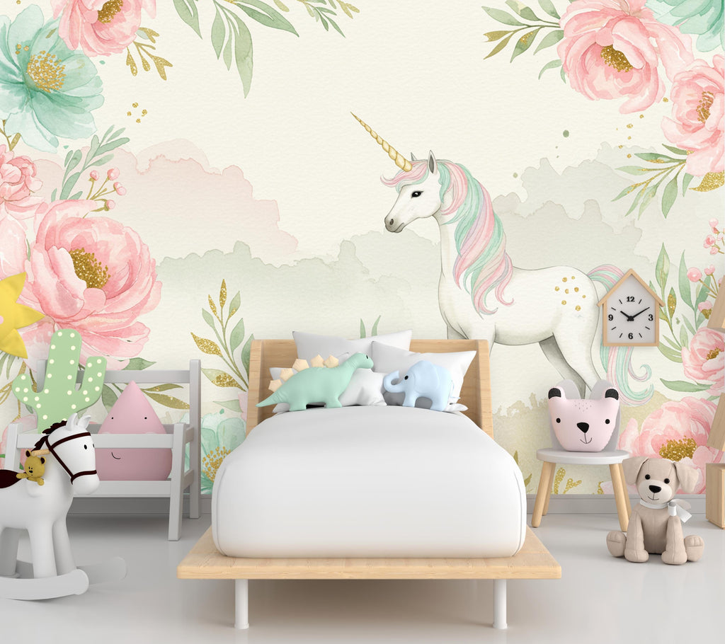 Unicorn Flower Watercolor Wall Graphics Peel and Stick Girl room Wallpaper Nursery Self Adhesive Rainbow nursery decor Mural 899RS