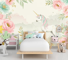 Load image into Gallery viewer, Unicorn Flower Watercolor Wall Graphics Peel and Stick Girl room Wallpaper Nursery Self Adhesive Rainbow nursery decor Mural 899RS