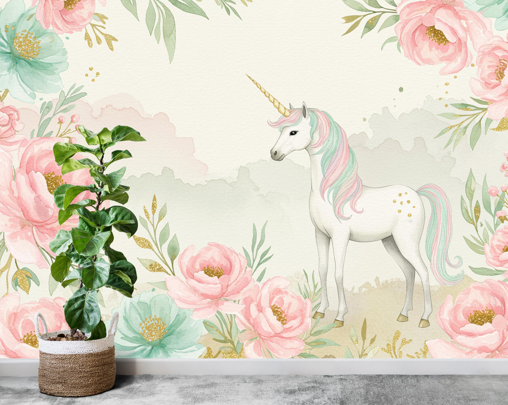 Unicorn Flower Watercolor Wall Graphics Peel and Stick Girl room Wallpaper Nursery Self Adhesive Rainbow nursery decor Mural 899RS