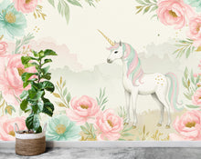 Load image into Gallery viewer, Unicorn Flower Watercolor Wall Graphics Peel and Stick Girl room Wallpaper Nursery Self Adhesive Rainbow nursery decor Mural 899RS