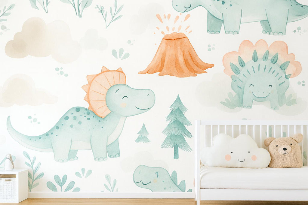 Cute Dinosaur Nursery Wallpaper – Cartoon Dino Wall Mural for Baby Room Playroom Stylish Kids Decor 3D Wallpaper Modern Bold Holiday Gift
