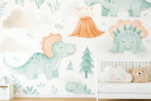 Load image into Gallery viewer, Cute Dinosaur Nursery Wallpaper – Cartoon Dino Wall Mural for Baby Room Playroom Stylish Kids Decor 3D Wallpaper Modern Bold Holiday Gift