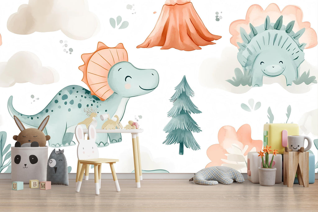Cute Dinosaur Nursery Wallpaper – Cartoon Dino Wall Mural for Baby Room Playroom Stylish Kids Decor 3D Wallpaper Modern Bold Holiday Gift