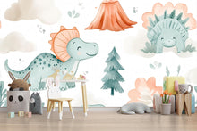 Load image into Gallery viewer, Cute Dinosaur Nursery Wallpaper – Cartoon Dino Wall Mural for Baby Room Playroom Stylish Kids Decor 3D Wallpaper Modern Bold Holiday Gift